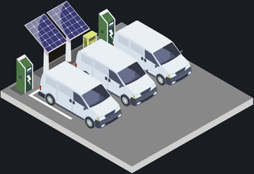 Fleet of EV cars charging with solar panels