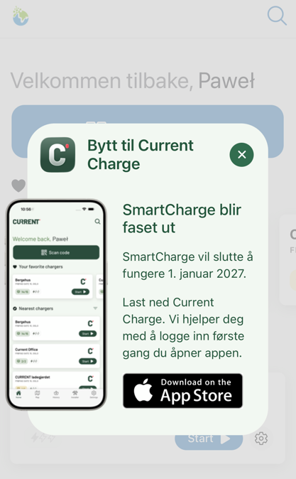 Velkomstskjermen i SmartCharge-appen som viser vei til CURRENT Charge